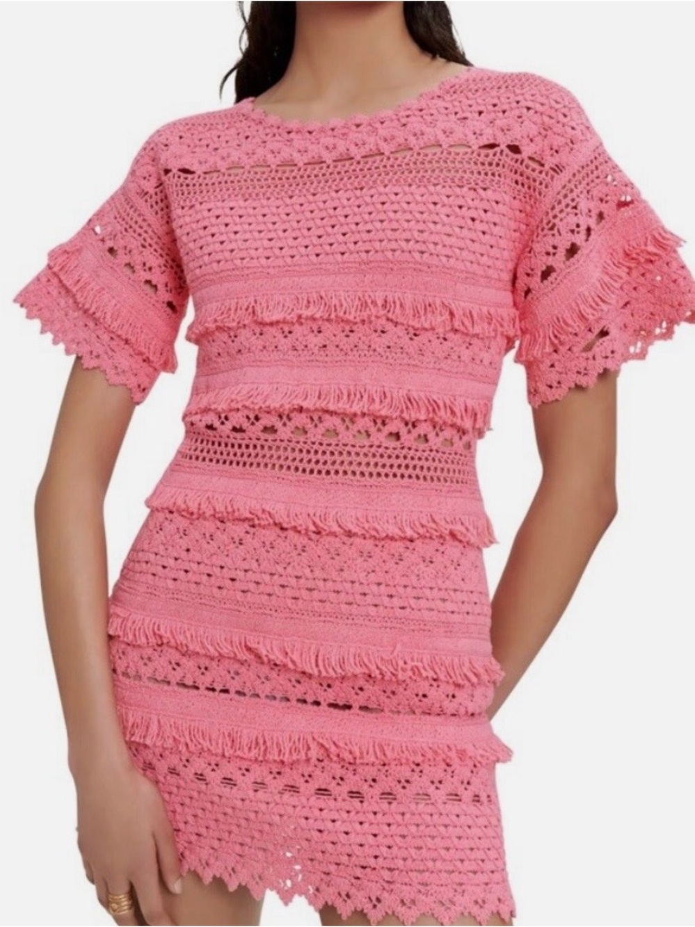 Maje Beautiful Rose Crochet Fringe Mini Dress NWT